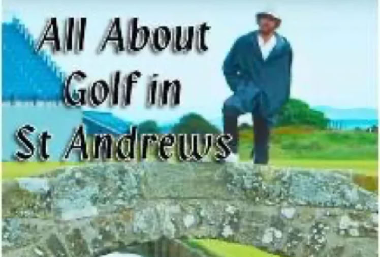 A person standing on a stone bridge with text reading "All About Golf in St Andrews" in the foreground.