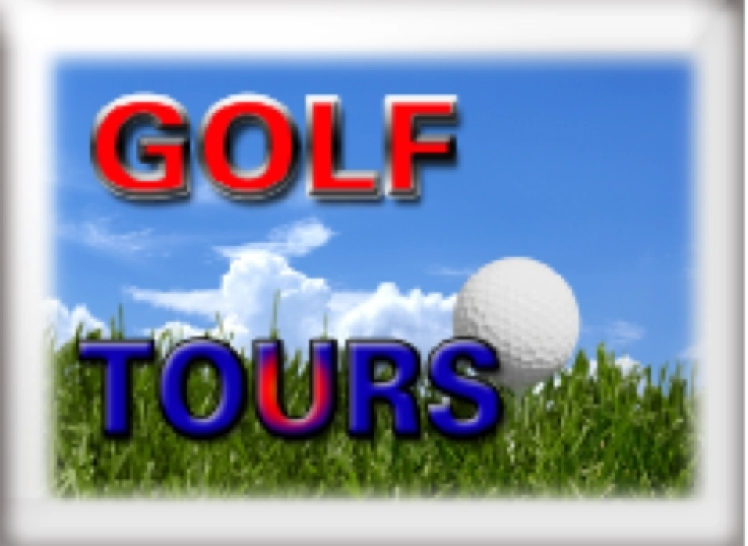 Text "GOLF TOURS" in red and blue letters over an image of a golf ball on grass with a blue sky and clouds in the background.